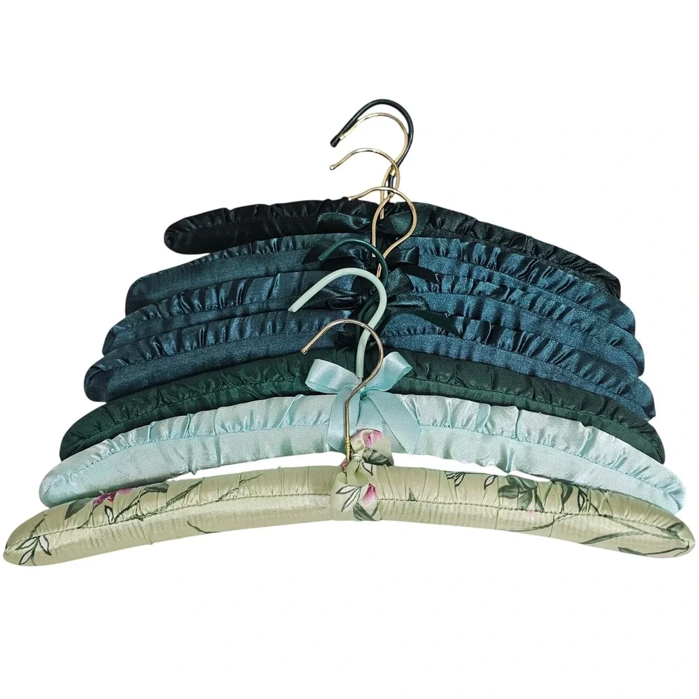 Lot of 7 Satin Padded Clothes Hangers Assorted Green Teal Floral Fabric
